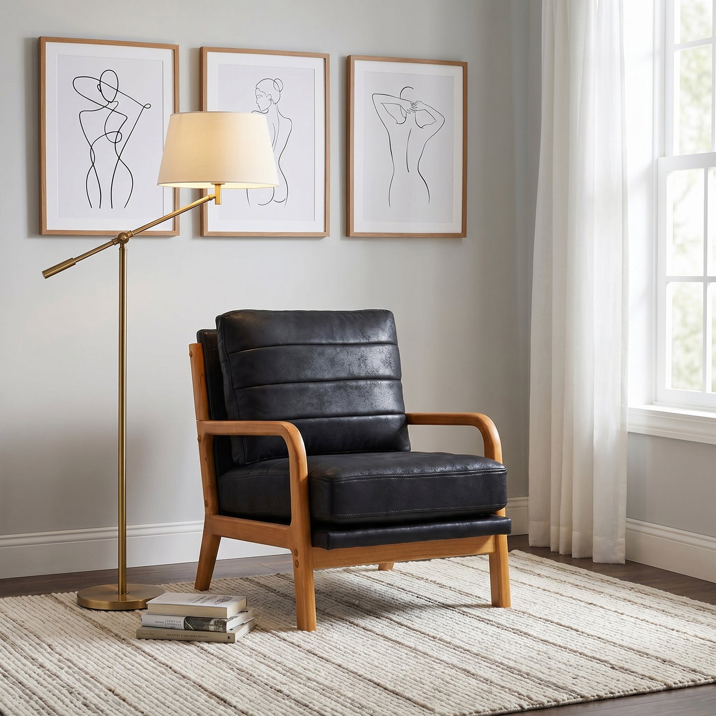 Mid-Century Modern Black Foil Fabric Wood Armchair