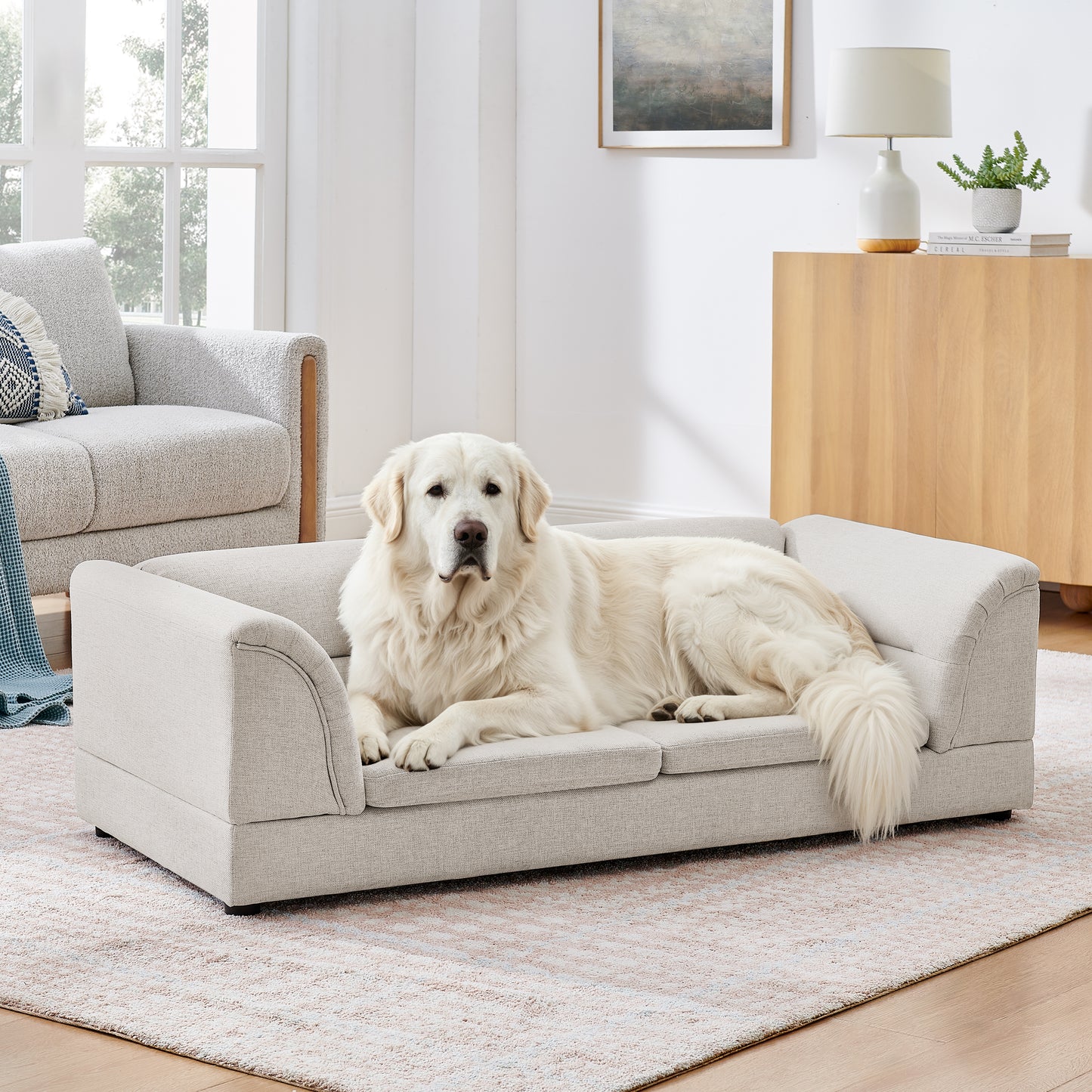 Oversized Pet Sofa Bed with Curved Armrest in Linen Fabric for Large Dogs - Beige