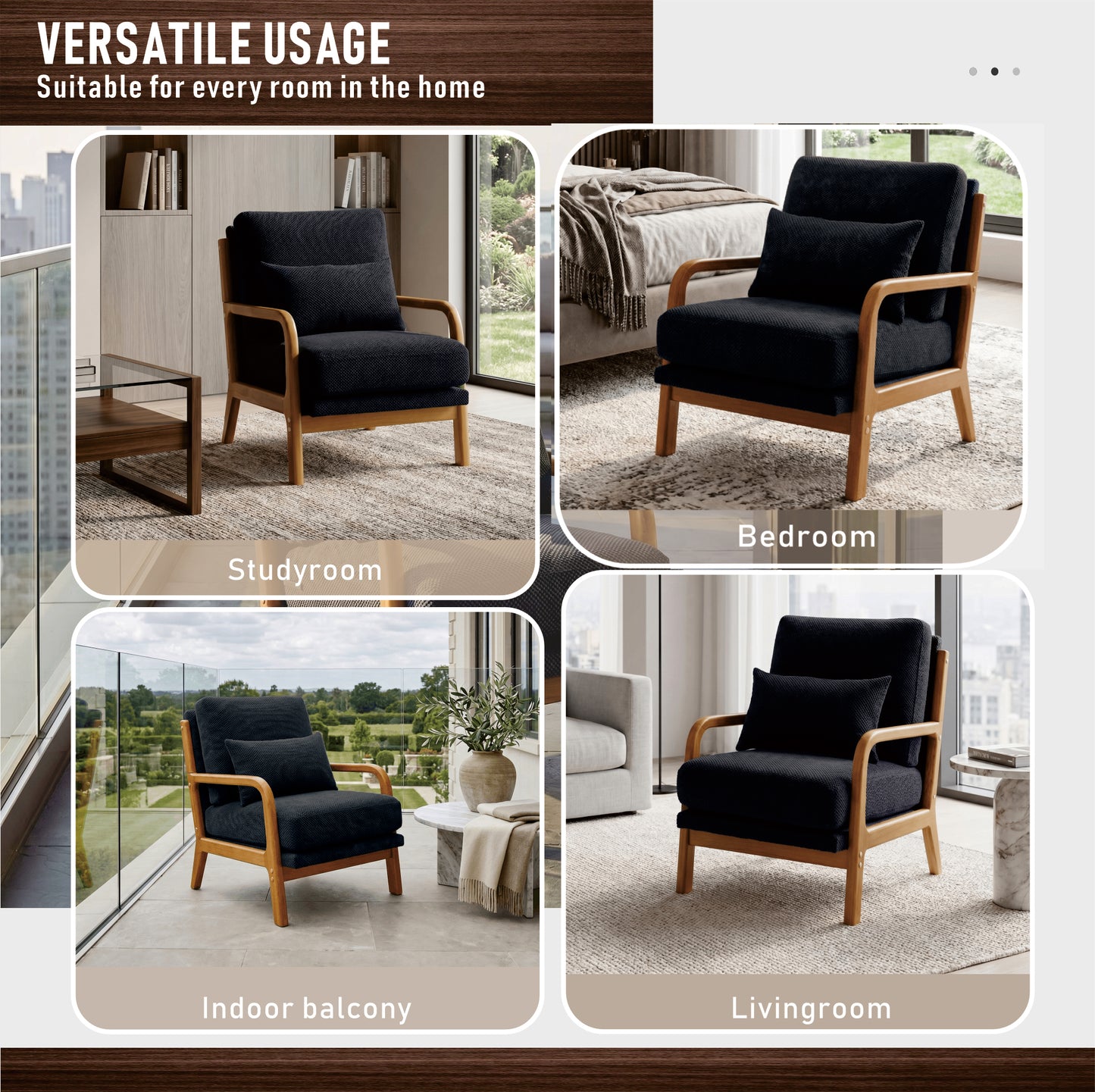 Mid-Century Modern Wooden Lounge Chair - Black Fabric