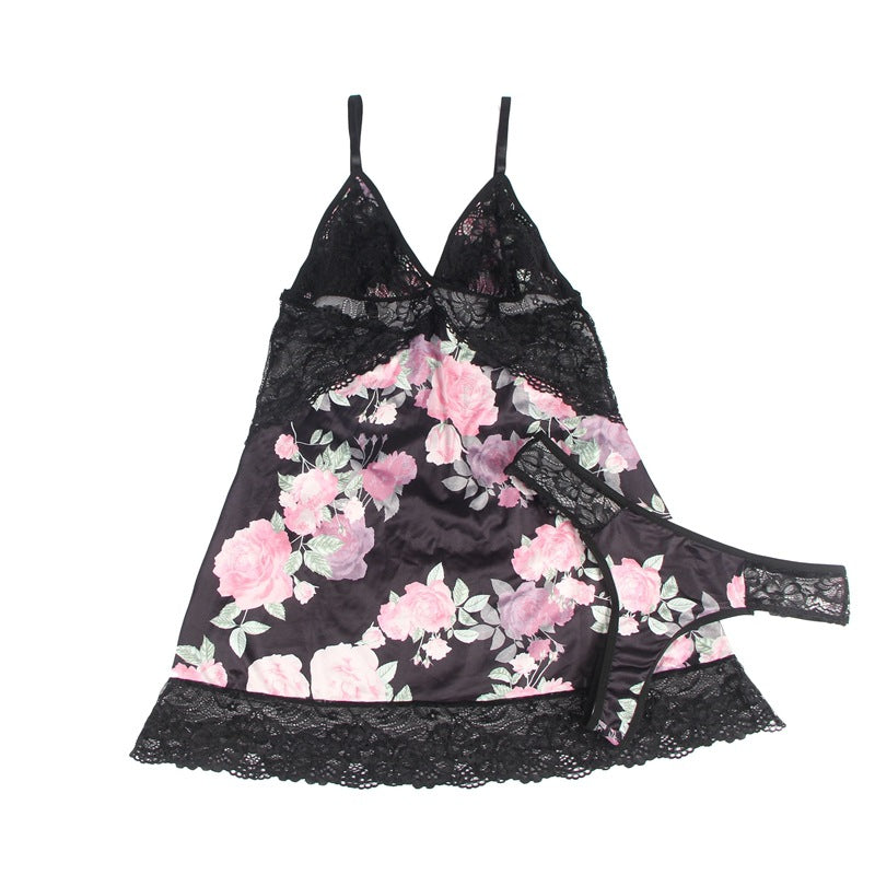 Plus Size Embroidery Lace Sleep Dress with Shorts - Pink & Black