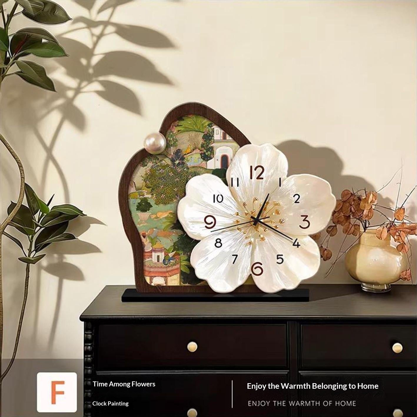 Medieval-Style Desktop Clock Painting - Botanical Flowers Art Frame-Free