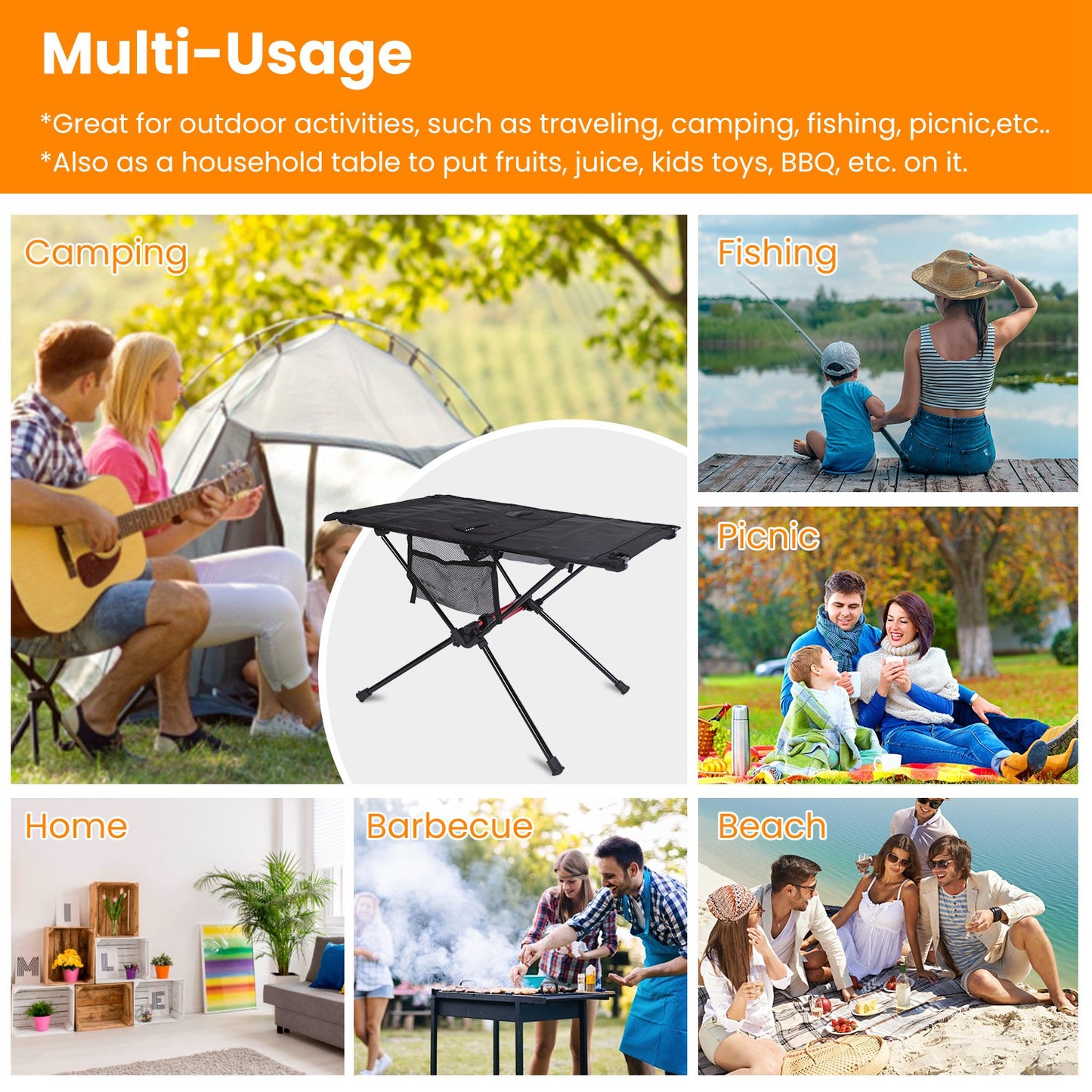 Portable Folding Camping Table with Cup Holders & Storage Bag - Black