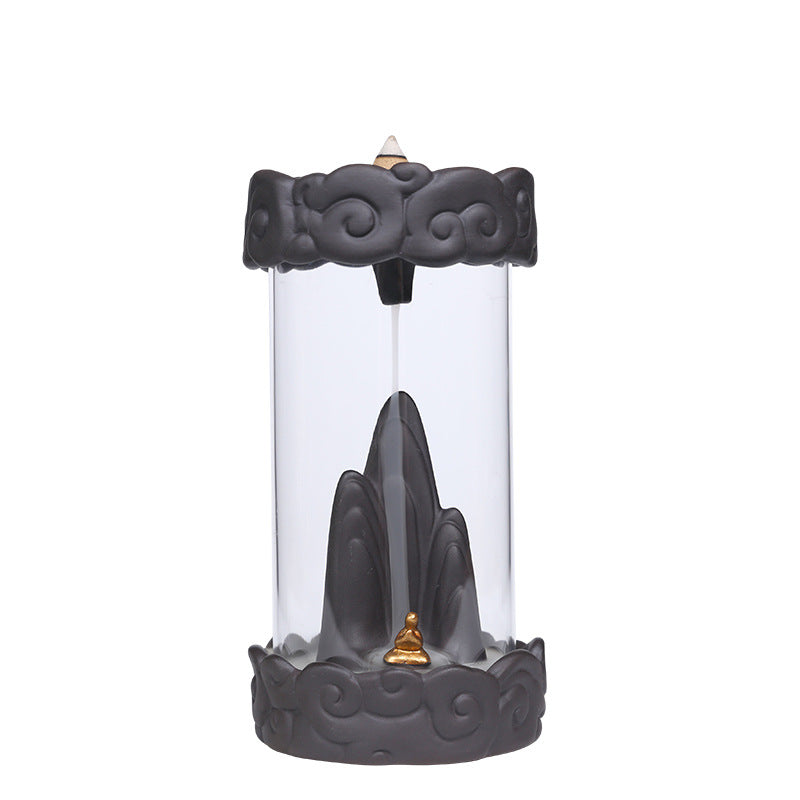 Backflow Incense Burner with Clouds Design - Gray Ceramic & Sand