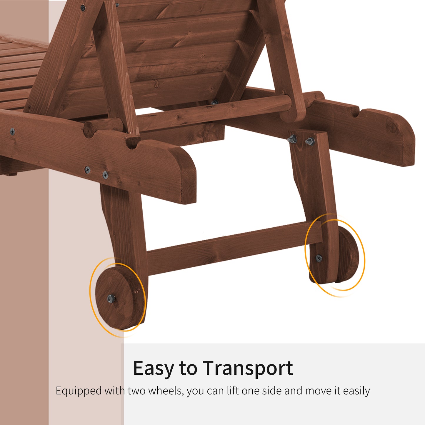 Chaise Lounge Chair - Outdoor Wooden Chair with Adjustable Backrest & Wheels
