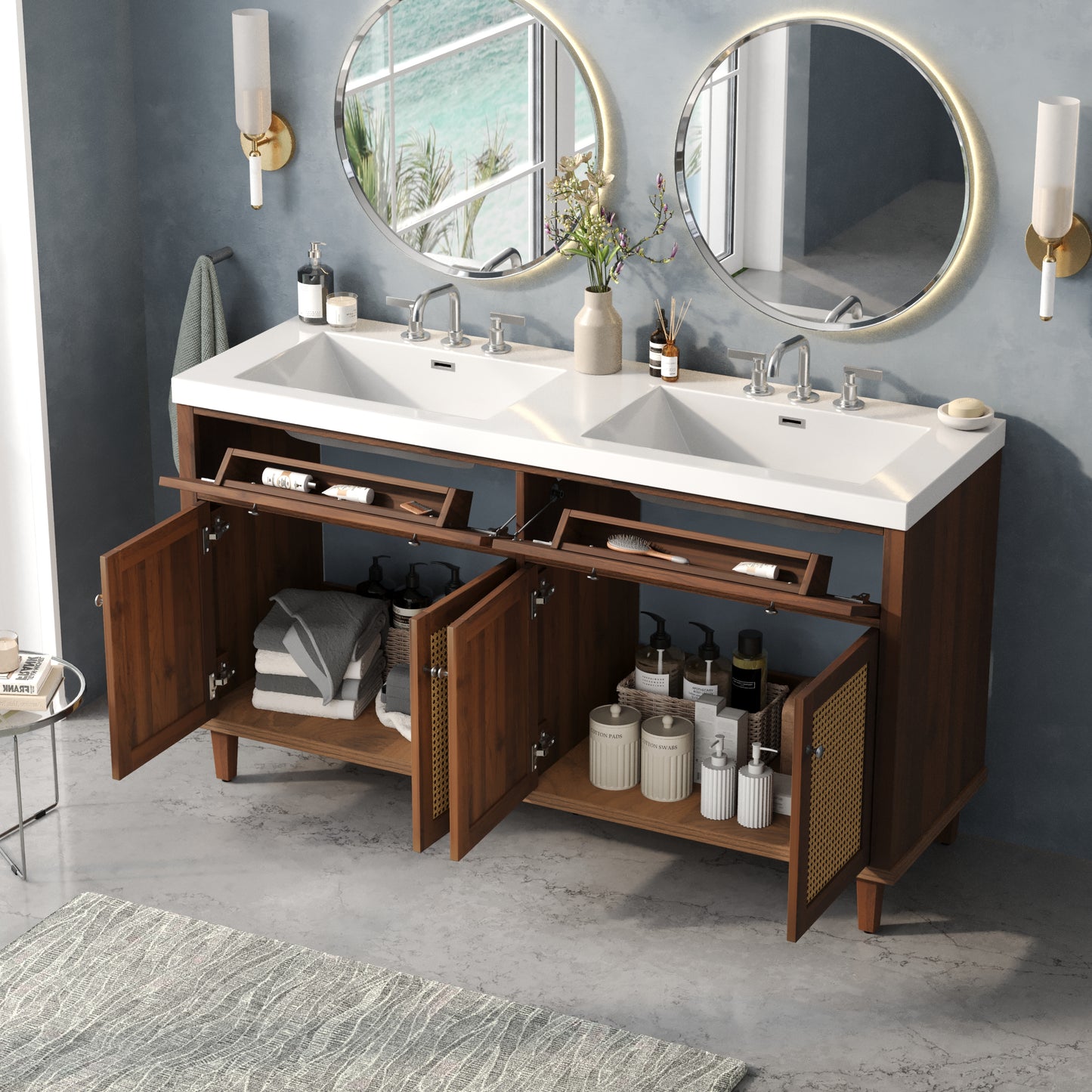 60 Inch Double Sink Bathroom Vanity with Large Storage - Brown