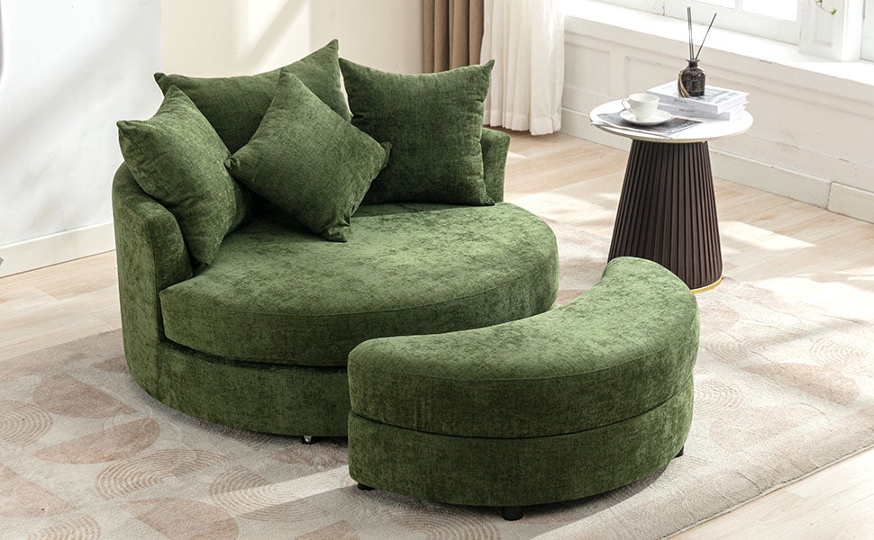 360° Swivel Accent Barrel Chair with Storage Ottoman & 4 Pillows - Green