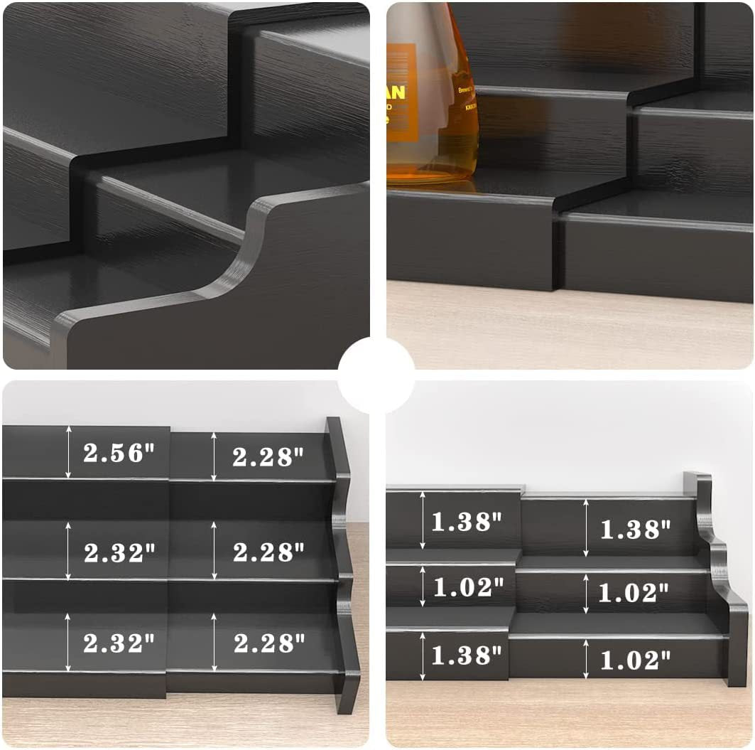3-Layer Retractable Bamboo Spice Rack Black Trapezoidal Kitchen Organizer