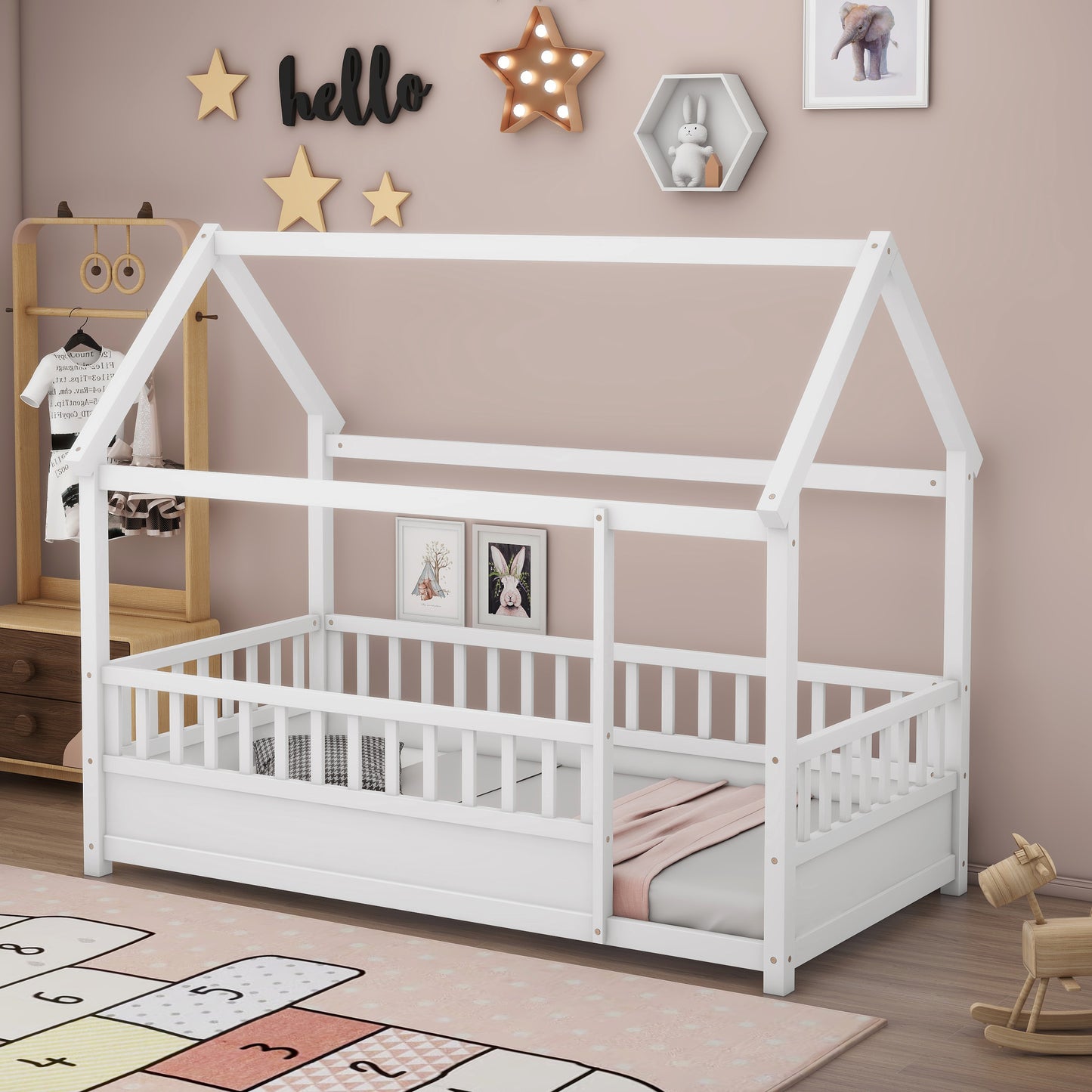 Twin Size Wooden Bed with House Roof Frame & Fence Guardrails - White