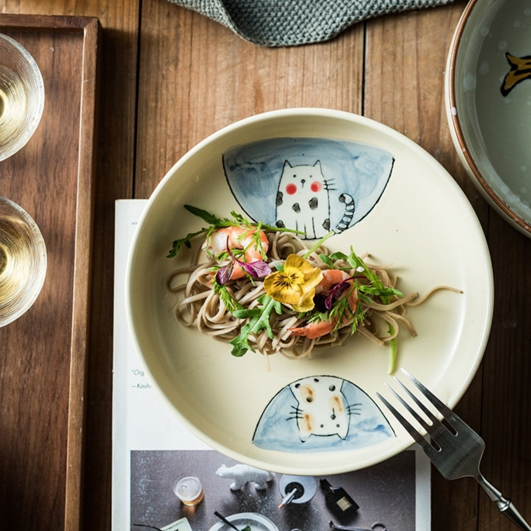 Ceramic Cat Plate Set - Deep Round Dinnerware for Home & Gift