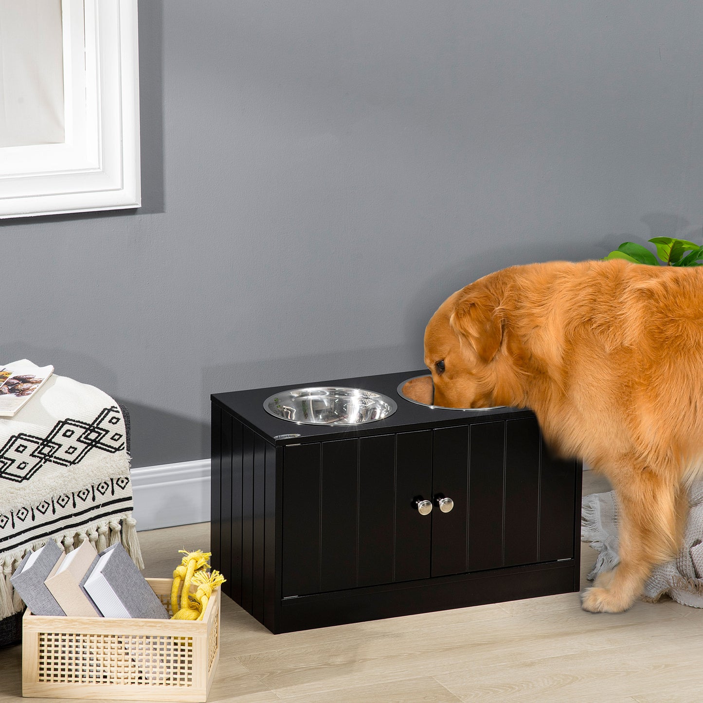 Elevated Dog Food Bowl Stand with Storage Cabinet - Large Capacity Black