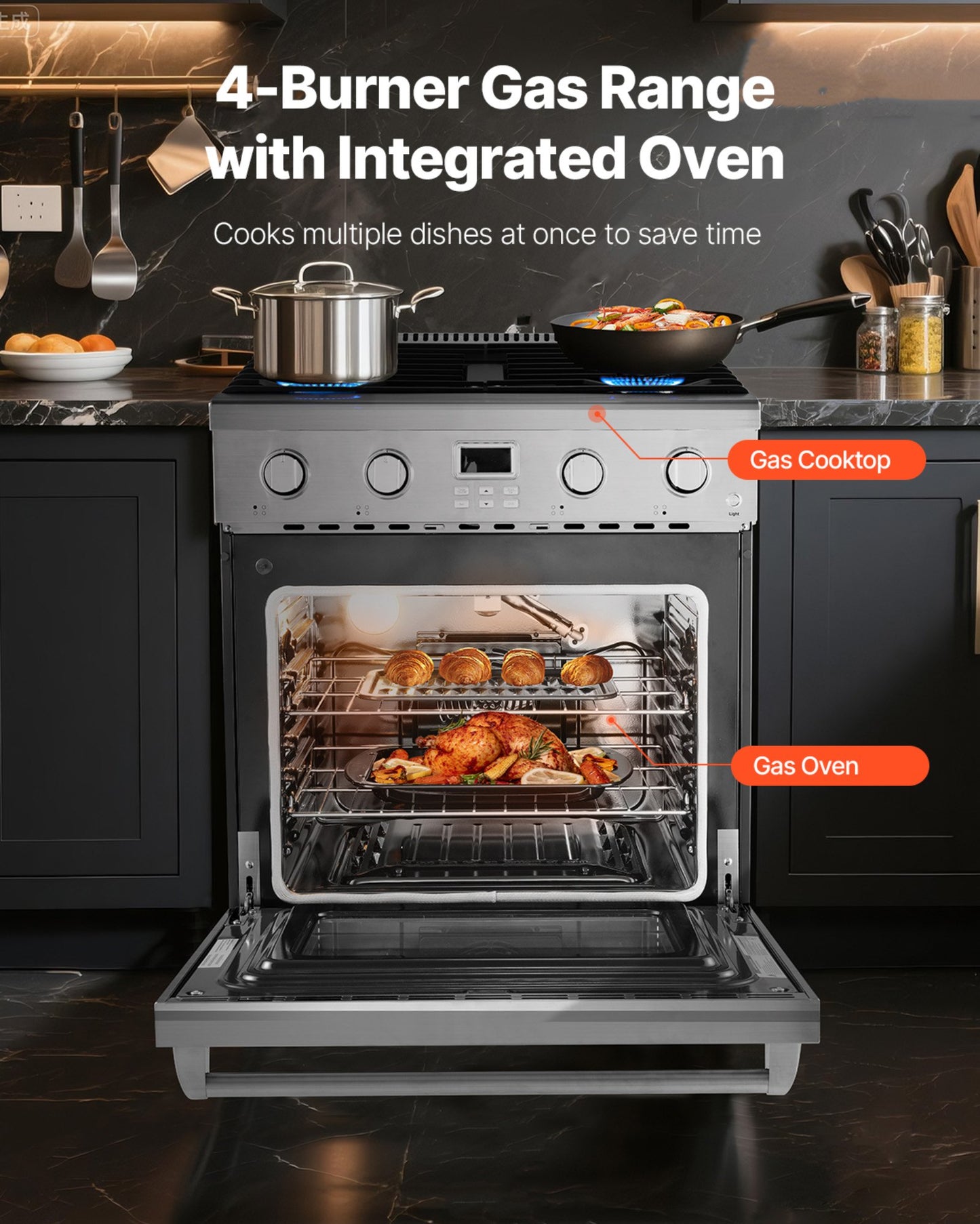 4-Burner Gas Range Oven with Convection - Stainless Steel Kitchen Appliance