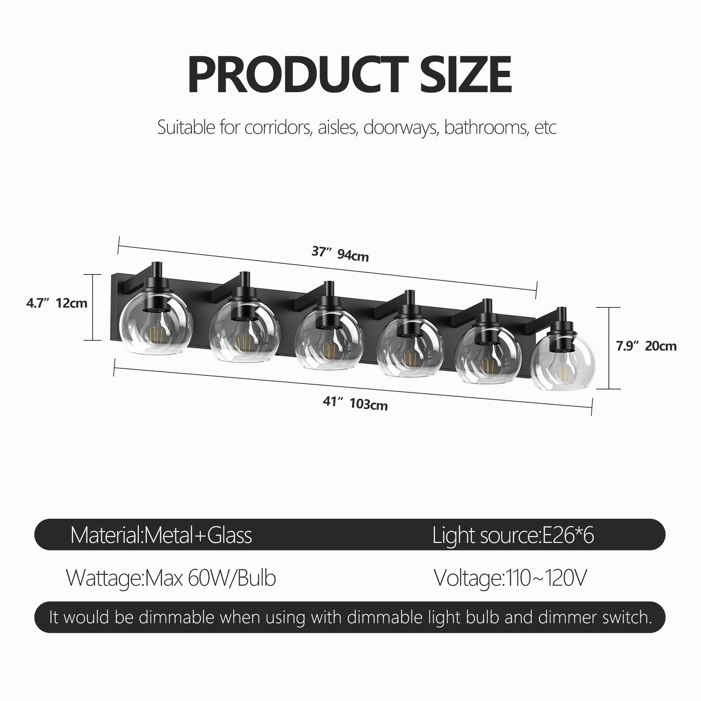 6-Light Bathroom Vanity Light Fixture - Rustic Black Glass Shade