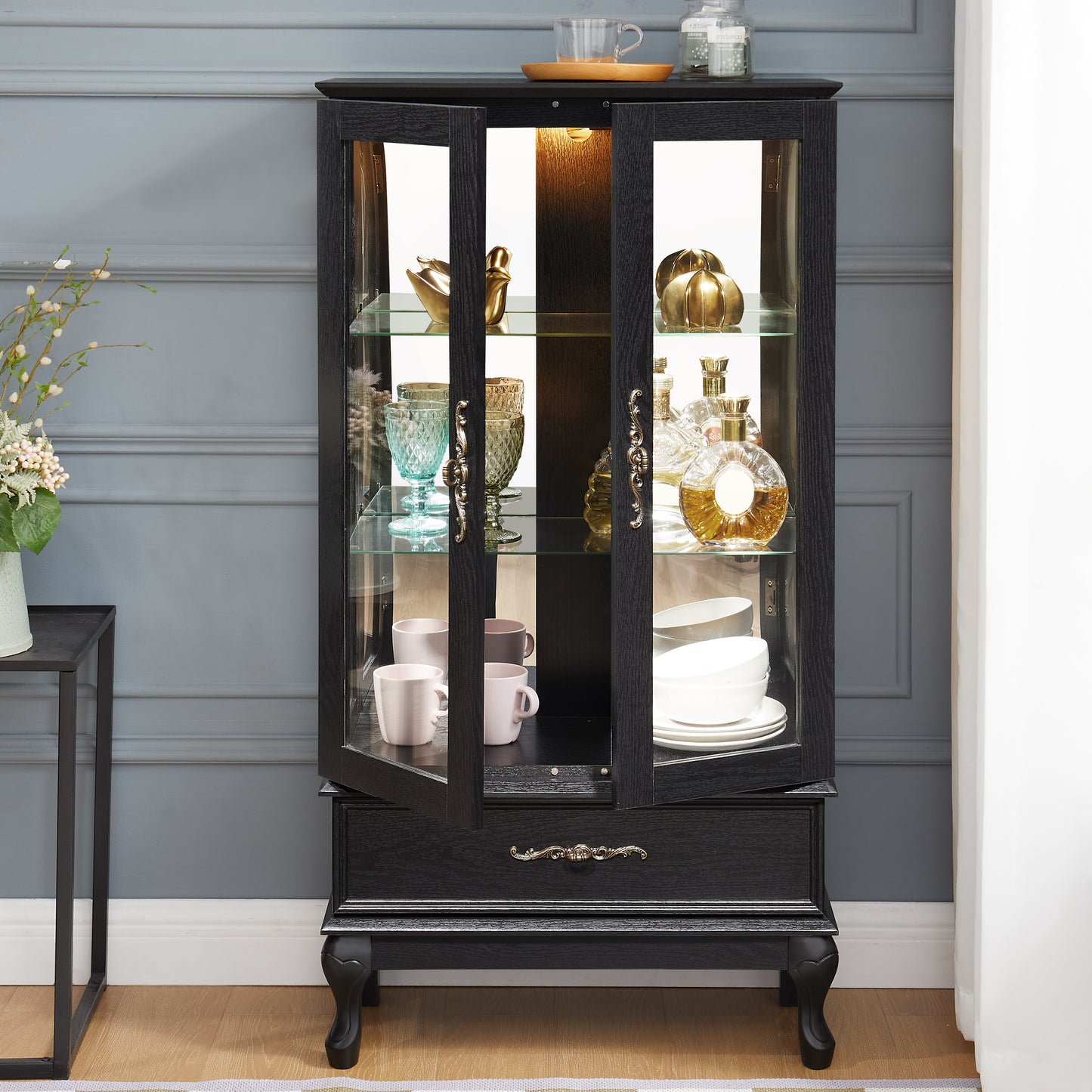 Lighted Curio Cabinet With Glass Doors And Adjustable Shelves 2 Door