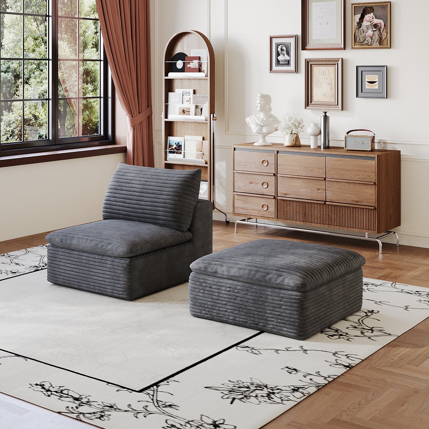 Dark Grey 1 Middle Seat and Ottoman Set - Fabric, Foam