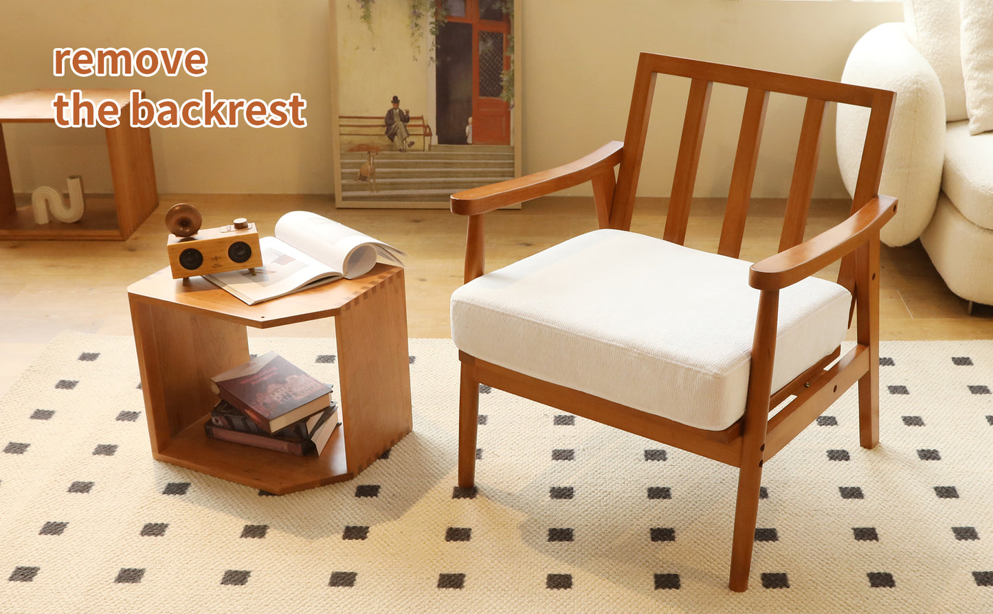 Accent Chair with Solid Wood Frame - White Fabric Cushion