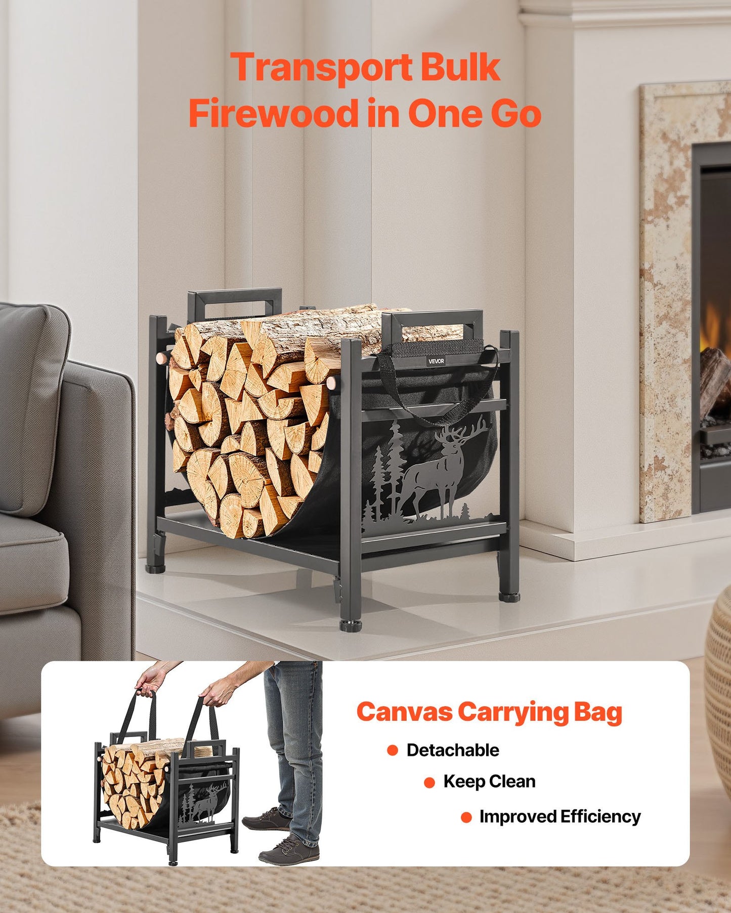 Heavy Duty Firewood Rack with Canvas Log Carrier - 1.5 Ft Steel Indoor Wood Storage Stand