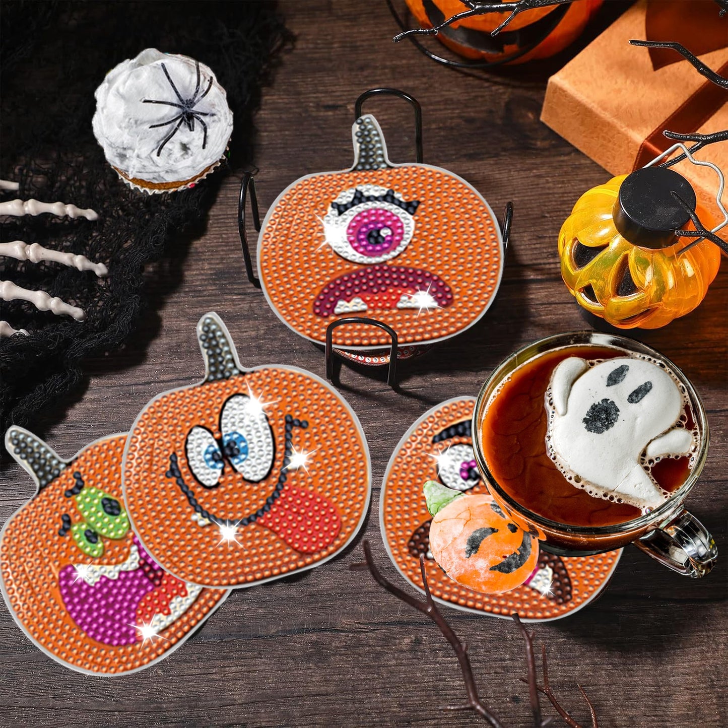Halloween Pumpkin Rhinestone Coasters - 8 Pack