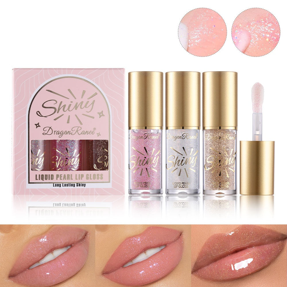 Pearlescent Lip Gloss Set with Large Brush - Moisturizing, Long-Lasting, 3 Colors