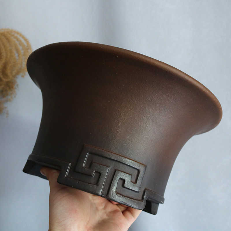 Large Round Handmade Plant Bowl with Three Feet - Purple Clay