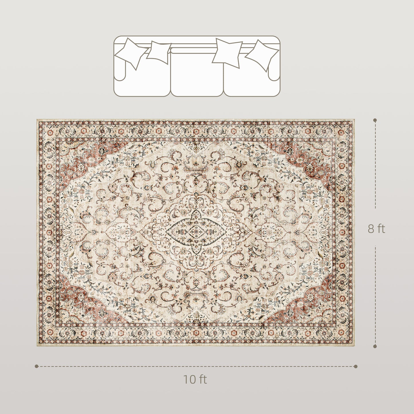 Machine Washable Area Rug 8x10 - Non-Slip Floral Print