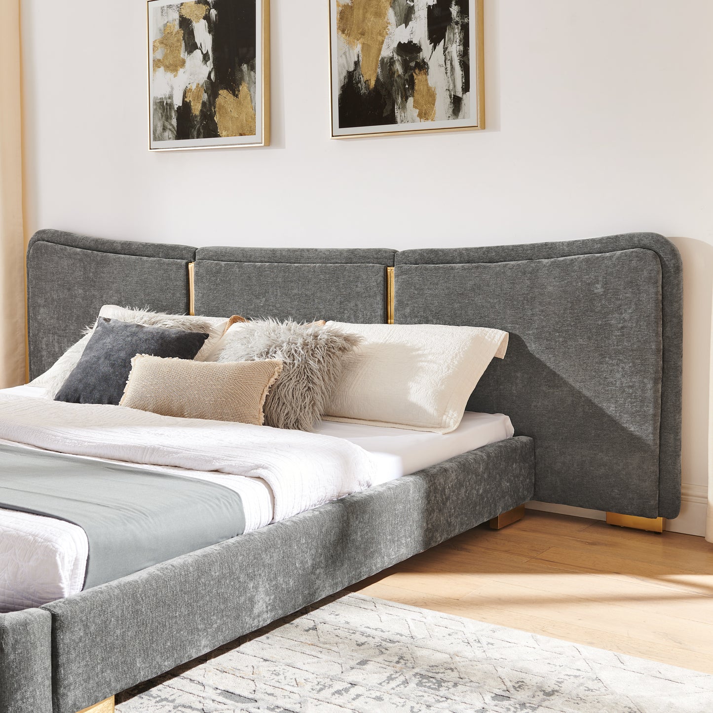 Queen Size Platform Bed with Curved Headboard - Dark Gray
