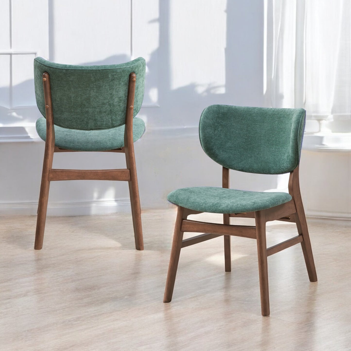 Bevis Green Fabric Side Chair Set of 2 with Walnut Finish