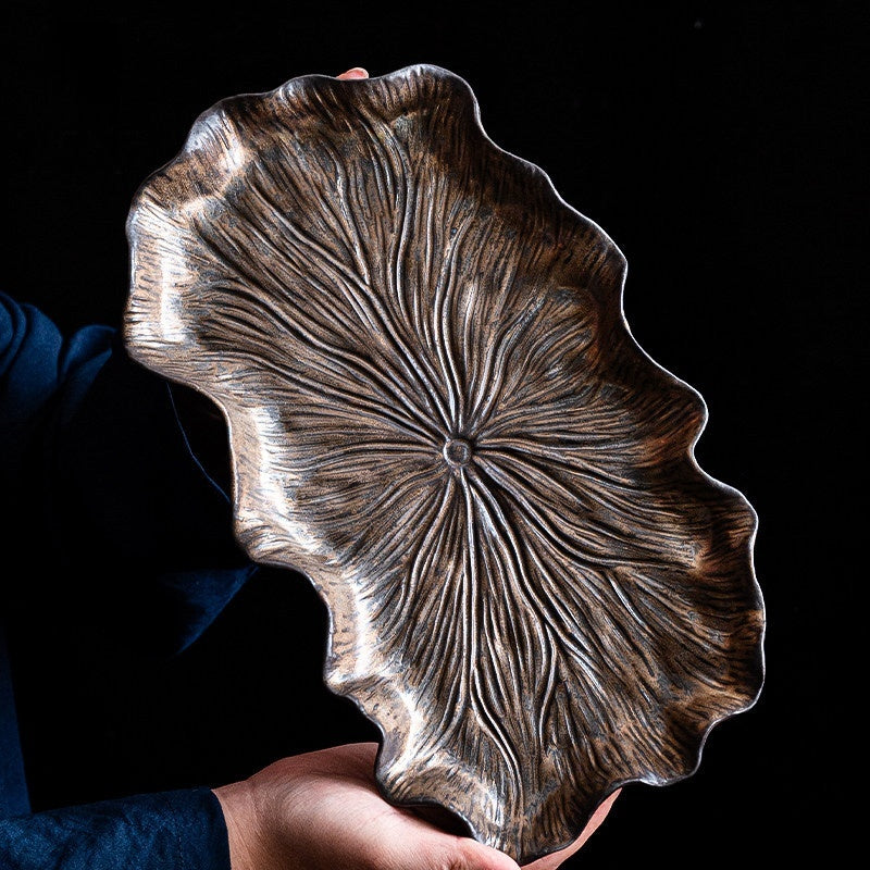 Gilt-Glazed Lotus Leaf Tea Tray - Modern Minimalist Ceramic Home Use