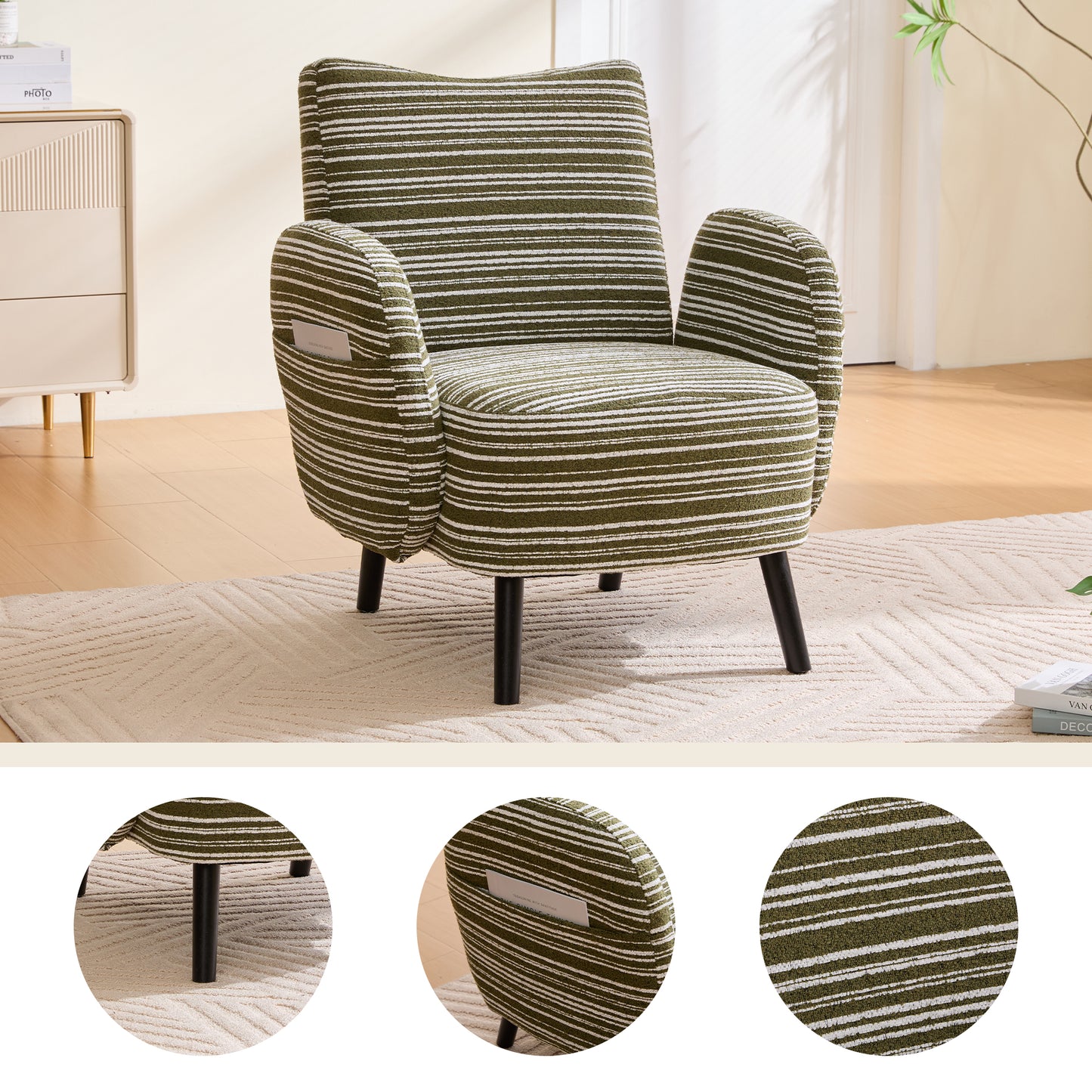 Modern Armchair with Side Pocket - Olive Green Reading Chair