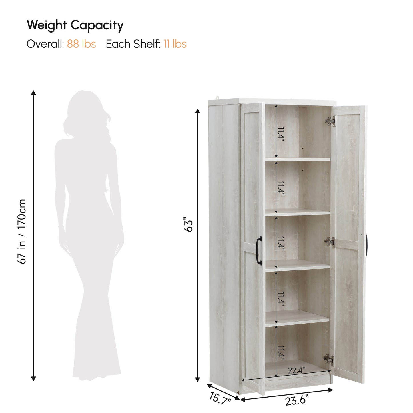63" Freestanding Kitchen Pantry Cabinet with 5-Tier Shelving - Antique White