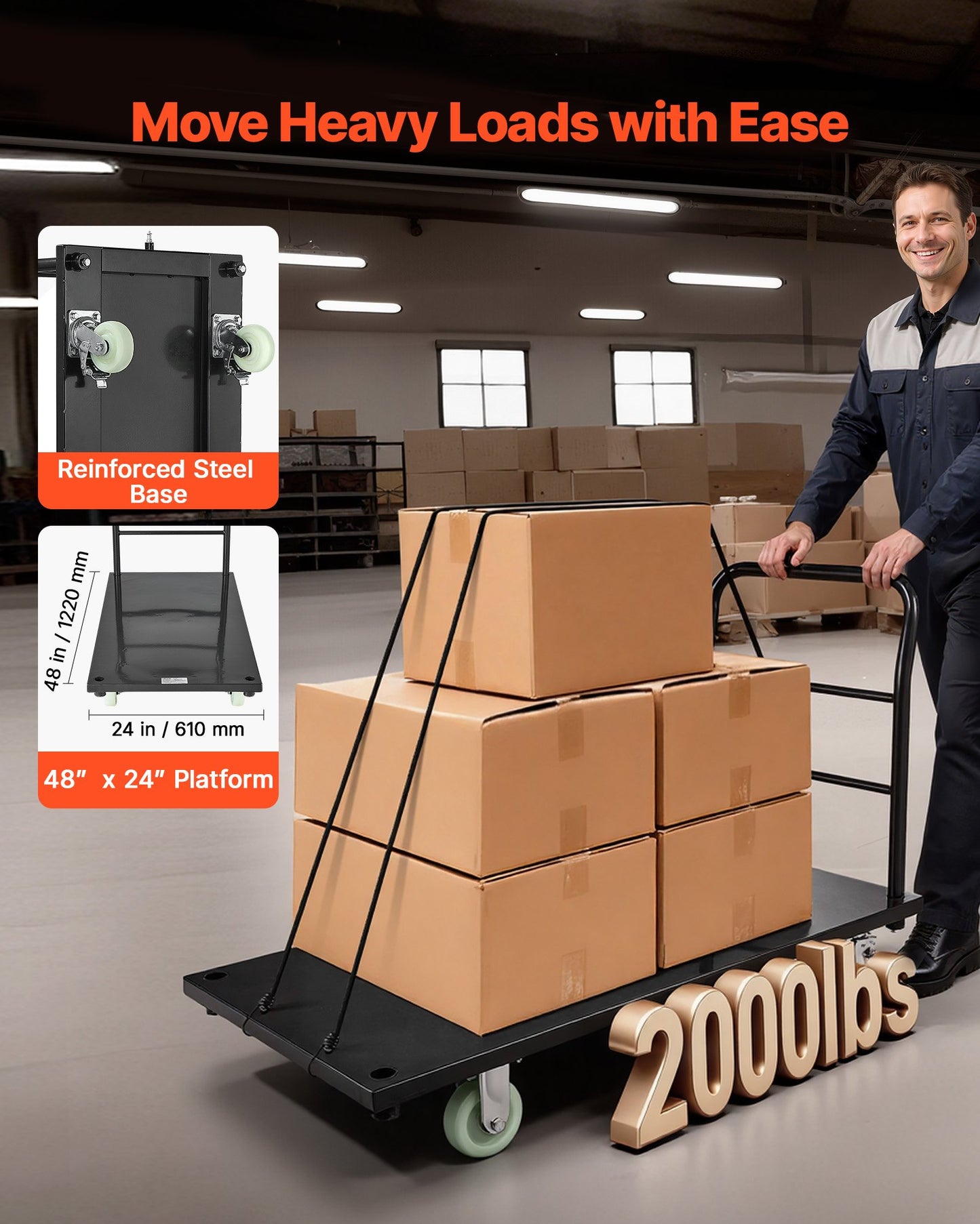 Heavy Duty Platform Truck - 2000 Lb Capacity Steel Flatbed Cart with Swivel Wheels