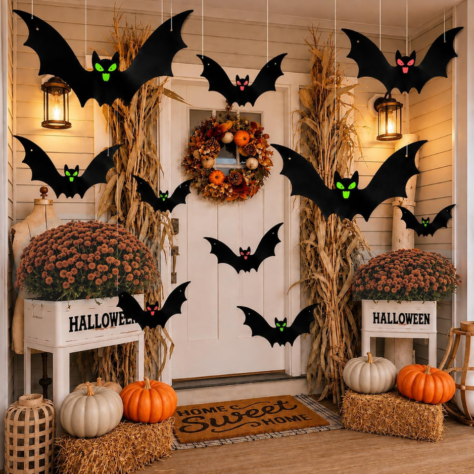 12-Pack Hanging Bat Halloween Decorations - Weather-Resistant Flying Bat Decor for Outdoor Yard & Indoor Party