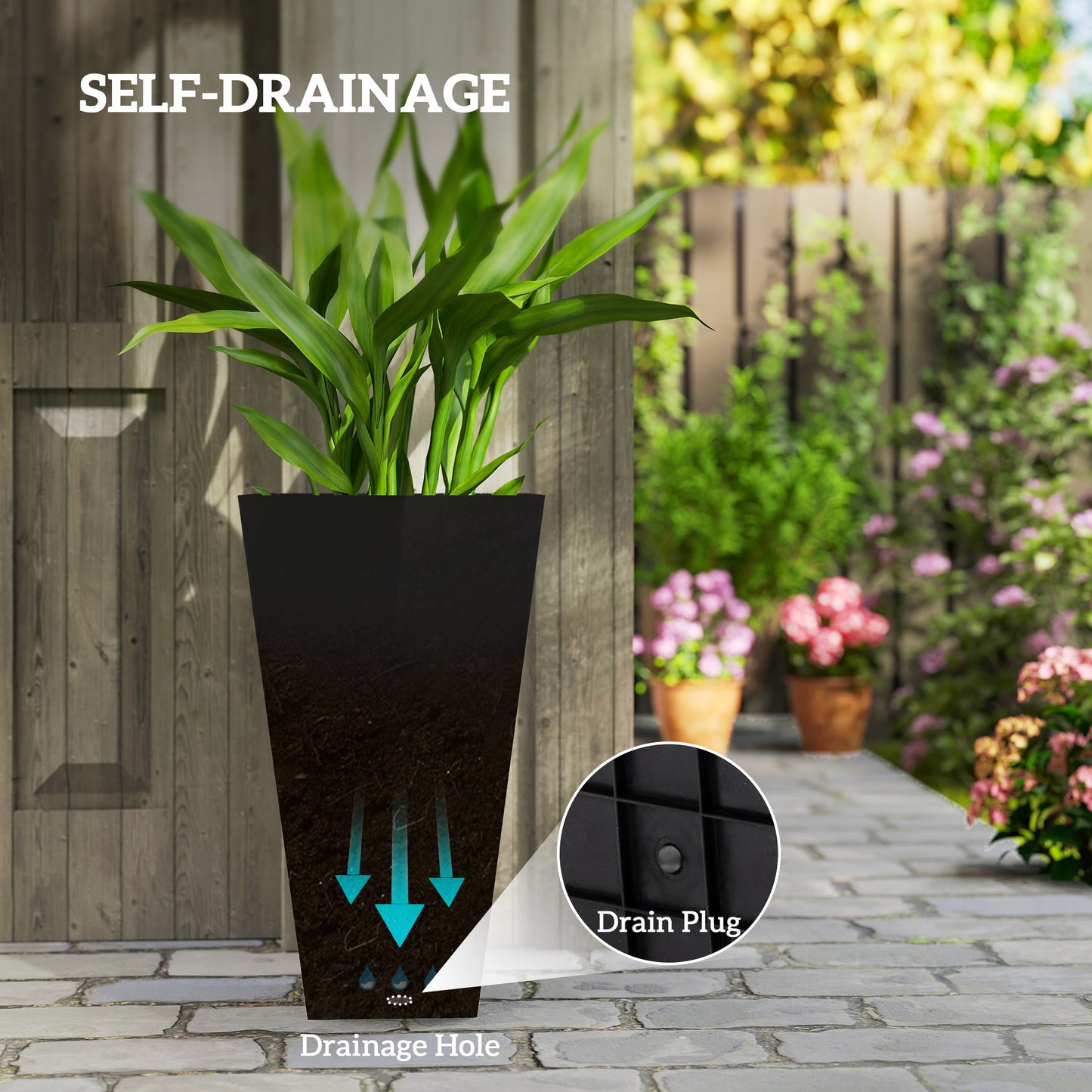 Tall Outdoor Plant Planters Set of 3 - 28 Inch Black Taper Pots with Drainage Holes