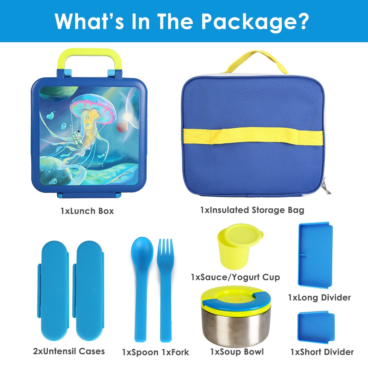 Kids Insulated Lunch Box Set with Storage Bag & Utensils - Blue