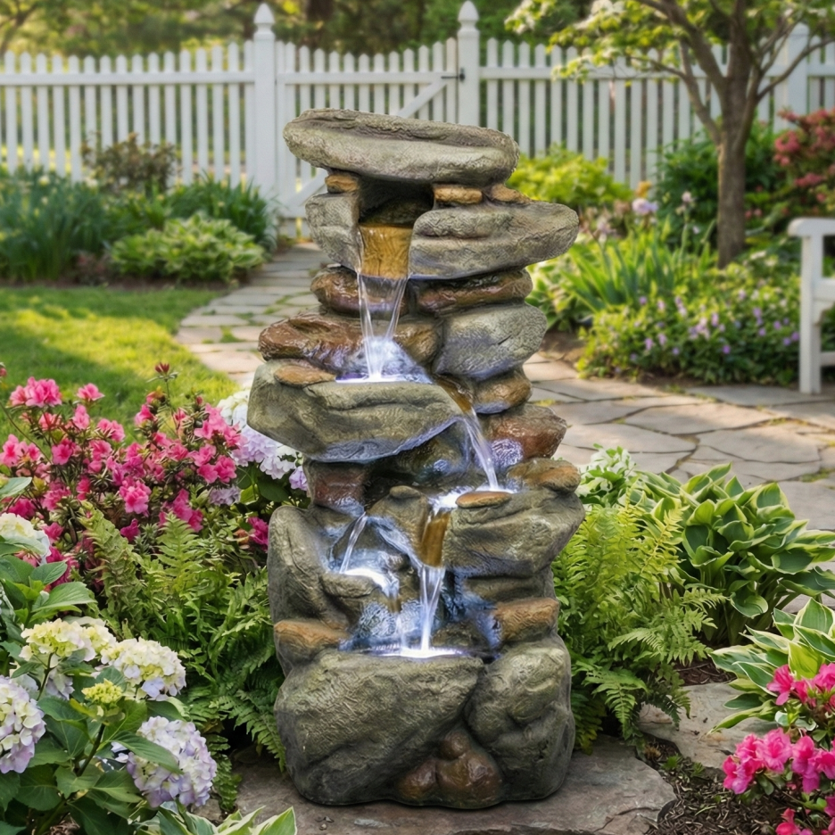 Large Outdoor Water Fountain with LED Lights - Stone-Style Garden Decor 30in