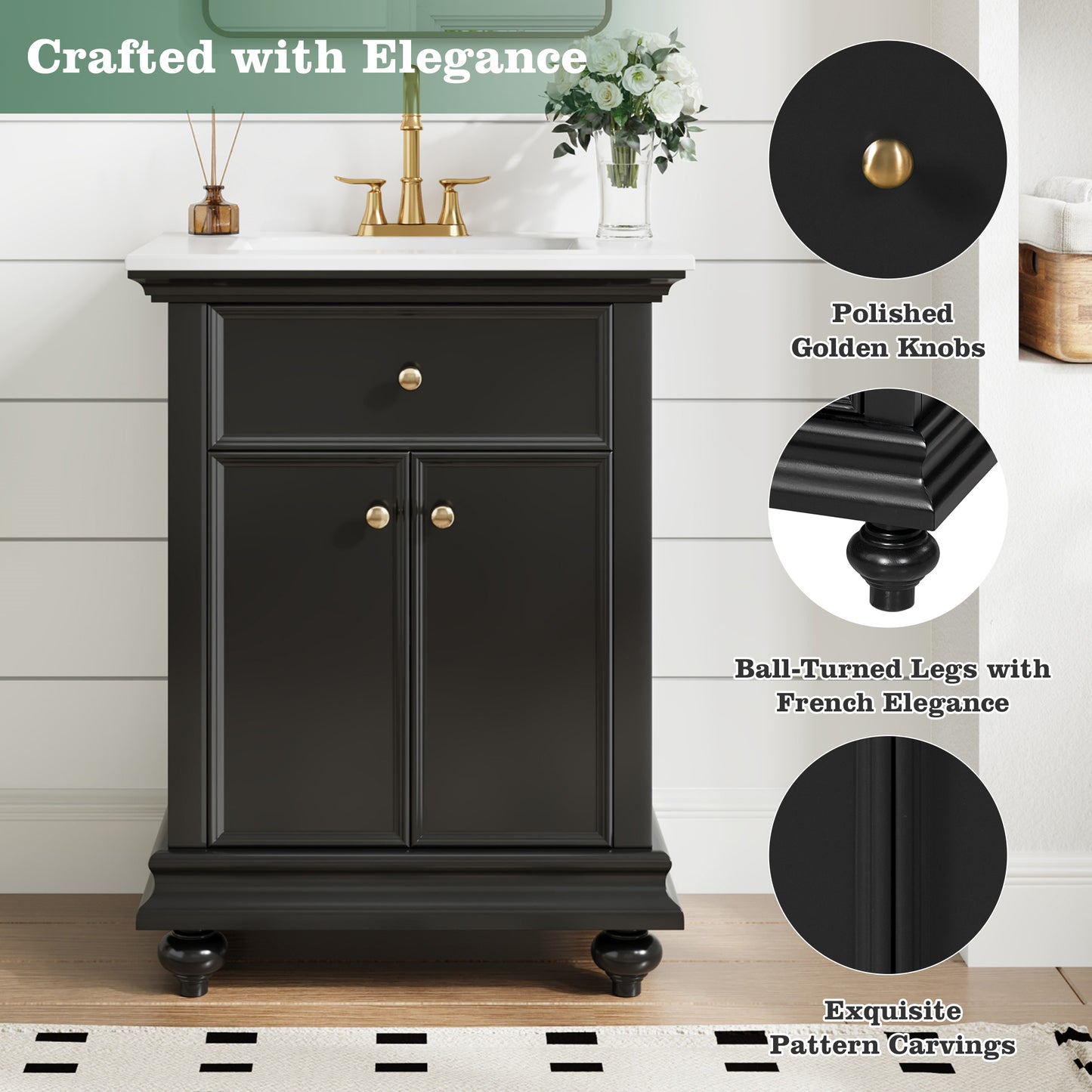24" Black Modern Bathroom Vanity with Tip-Out Drawer & Soft-Close Hinges