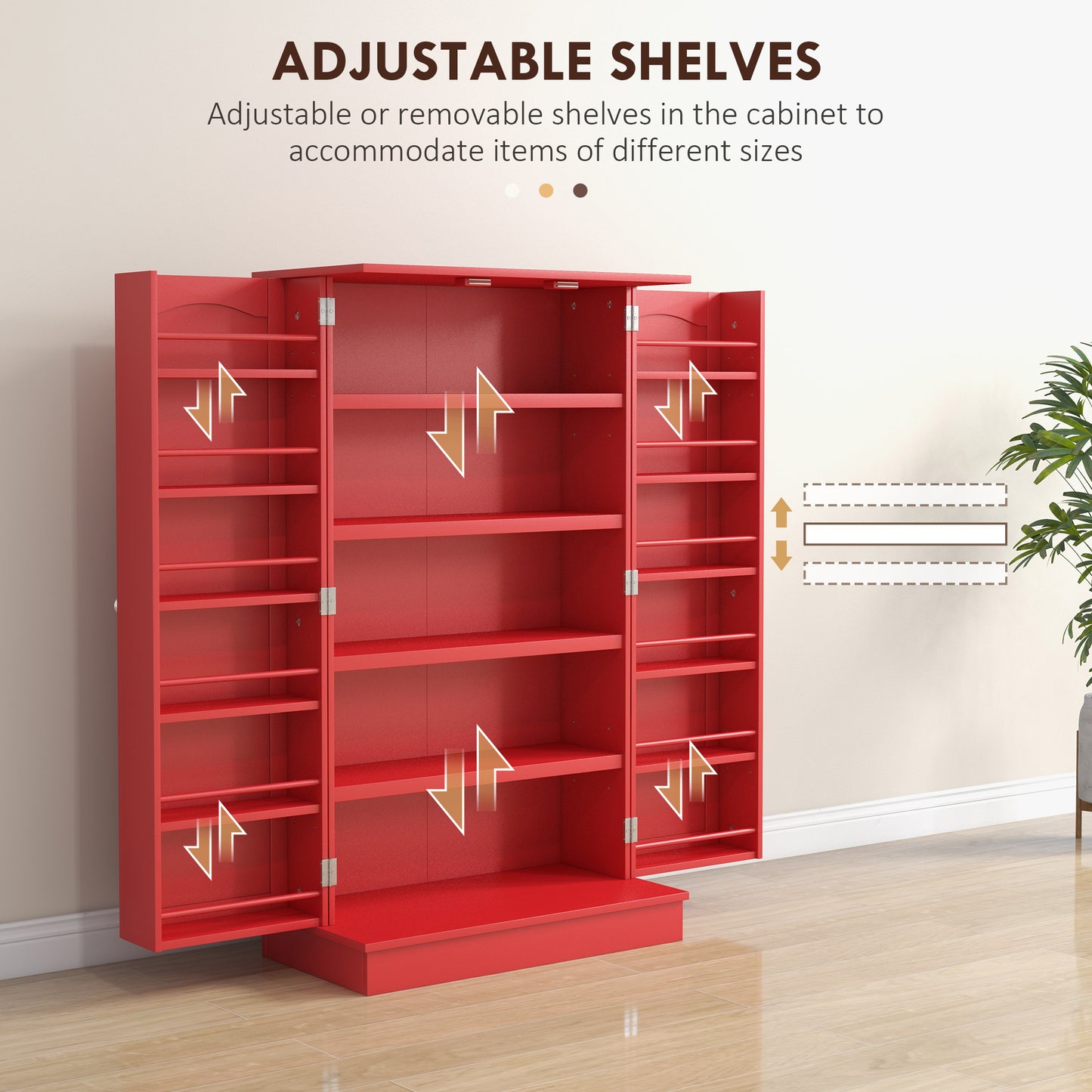 Large Kitchen Storage Cabinet with Double Doors & 5-Tier Shelving - Red