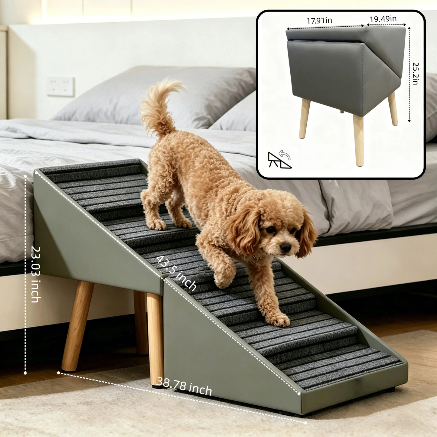 Foldable Dog Steps and Ramp for Bed Couch - Anti-Slip Pet Stairs, Grey