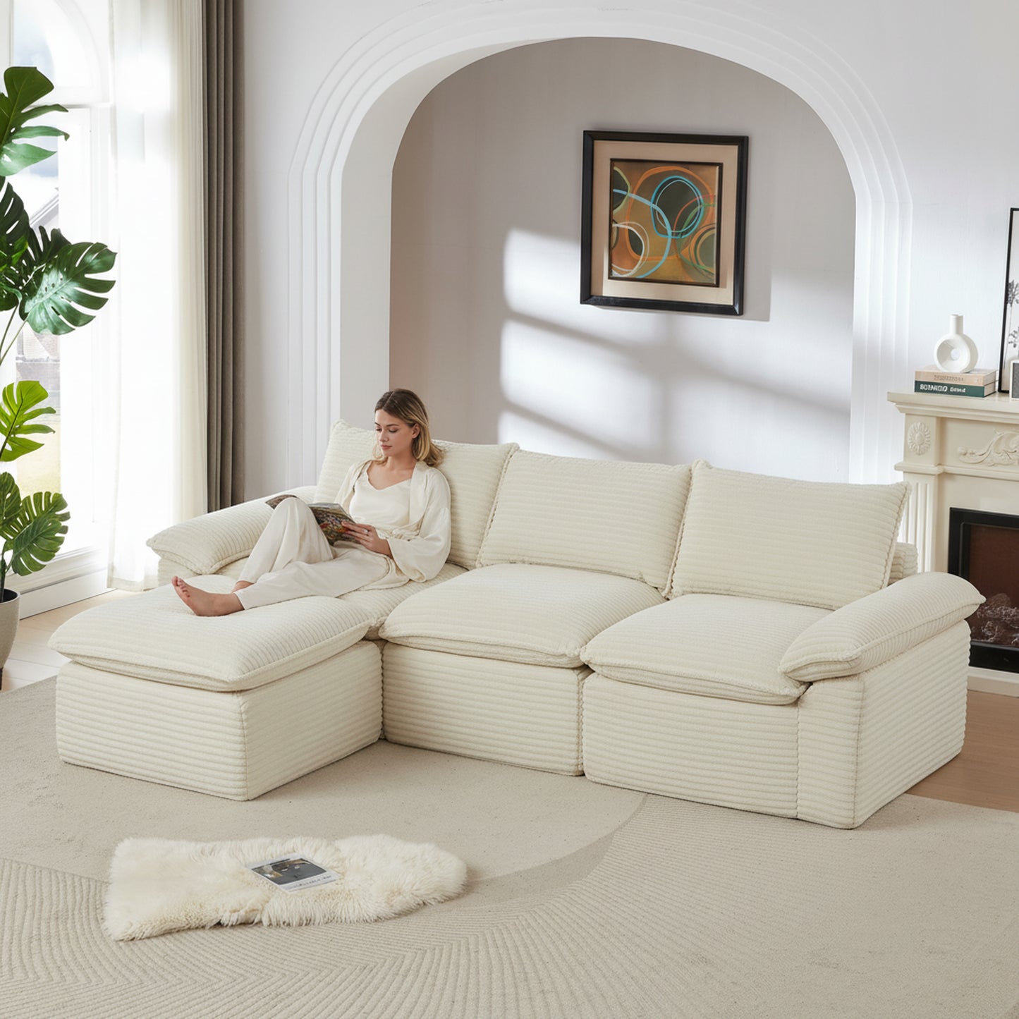 Modern White Corduroy Cloud Sofa - Comfortable & Versatile