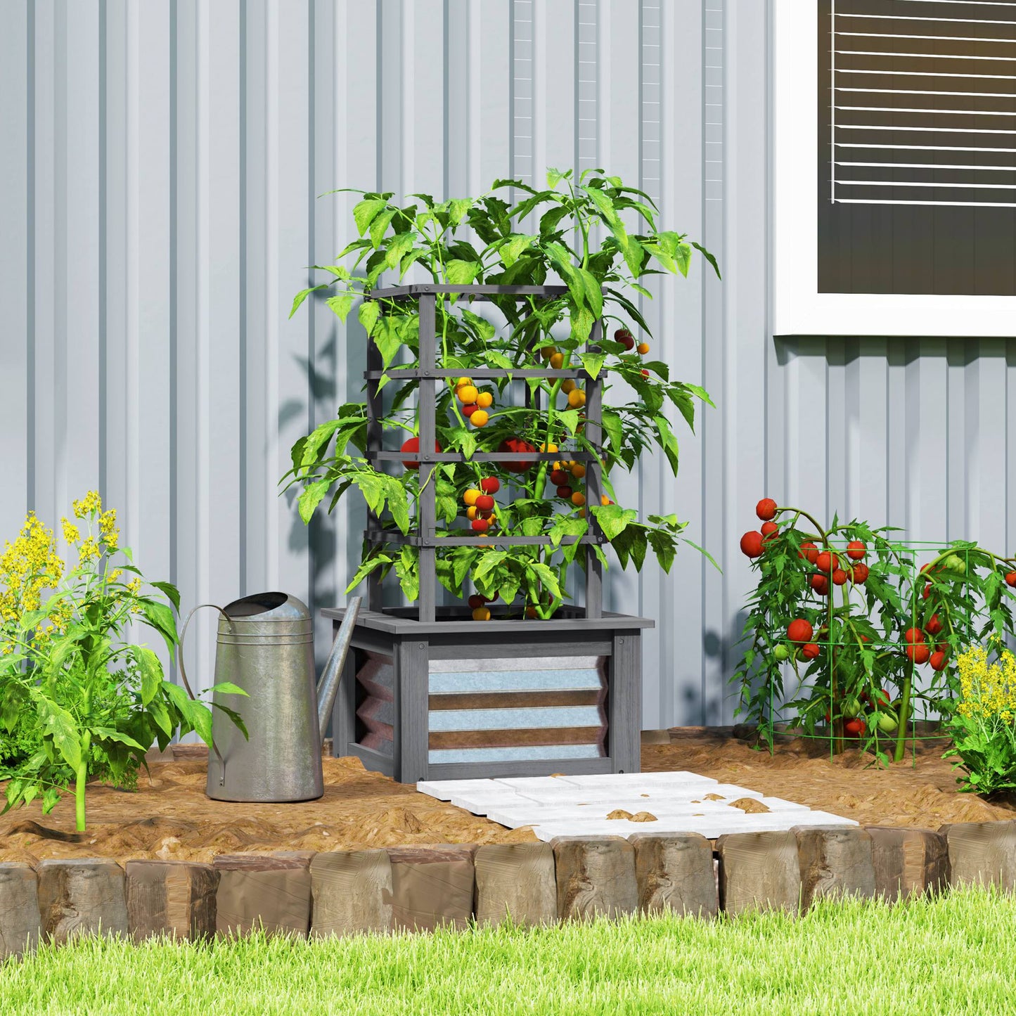 Wooden Raised Garden Bed with Trellis - Elevated Planter Box for Vegetables & Climbing Plants, Gray 550x330x135 mm