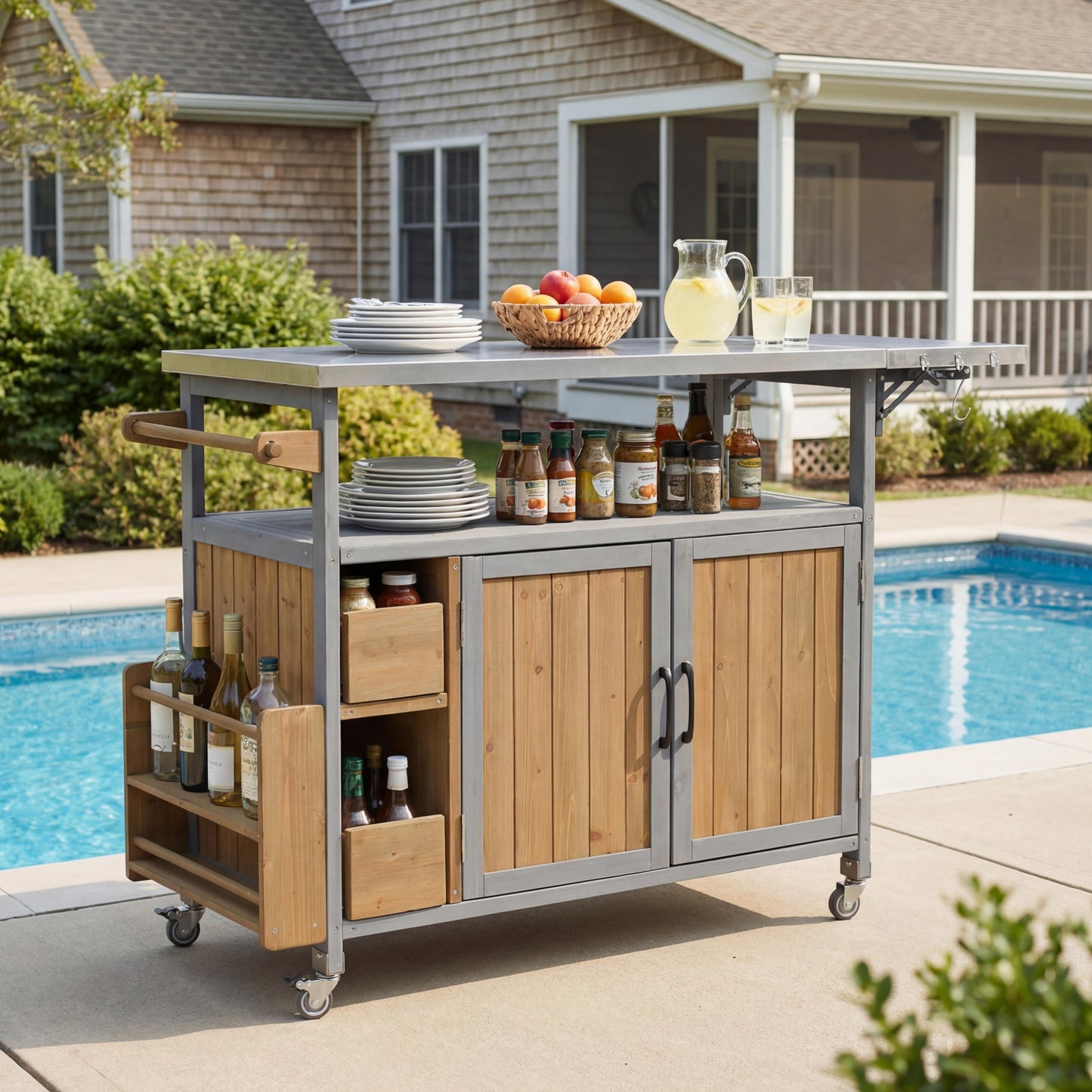 54.33 Farmhouse Rolling Outdoor Kitchen Cart, Solid Wood Frame With