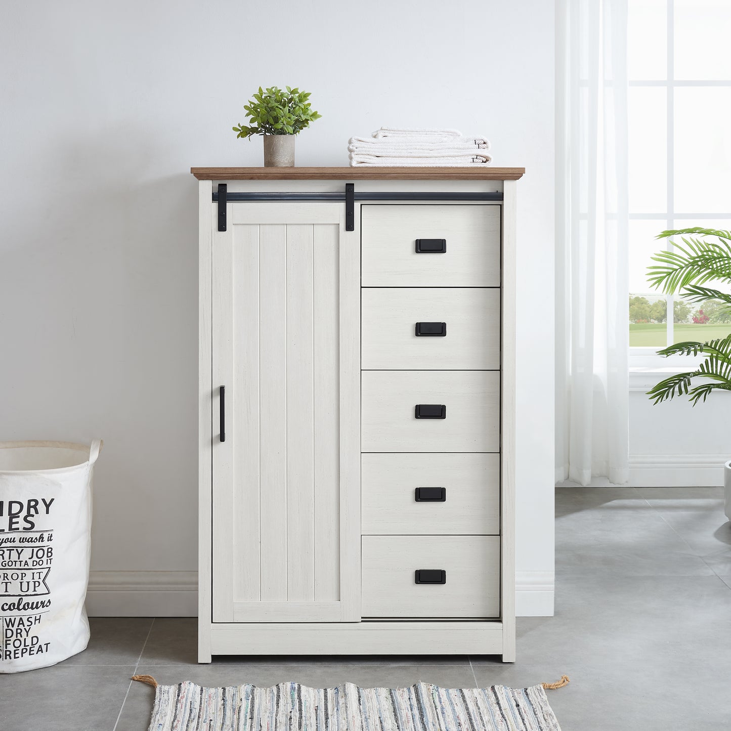 5-Drawer Farmhouse Dresser with Sliding Barn Door - White