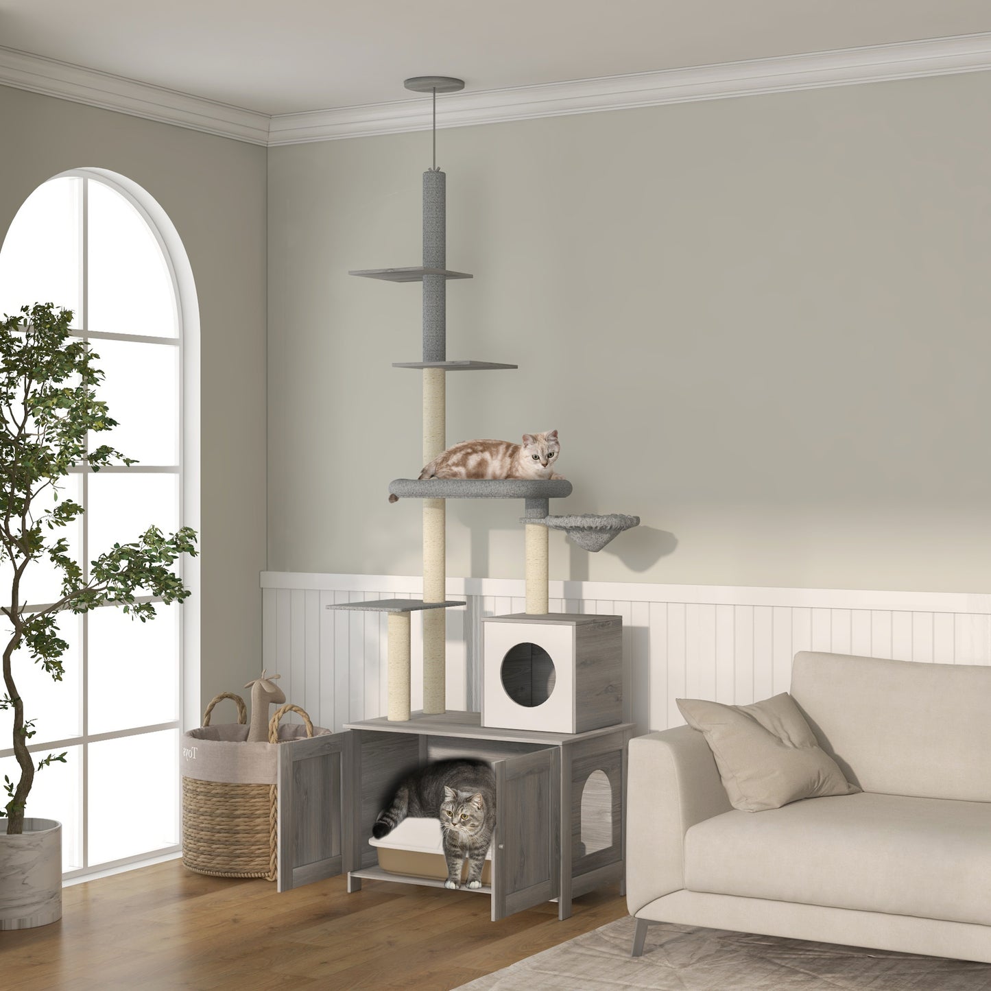 2-in-1 Cat Tree with Enclosed Litter Box, Condo, Hammock & Shelves - Gray