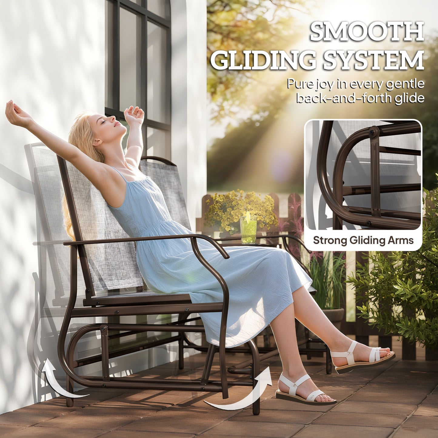 2-Seat Outdoor Glider Swing with Center Coffee Table - Brown