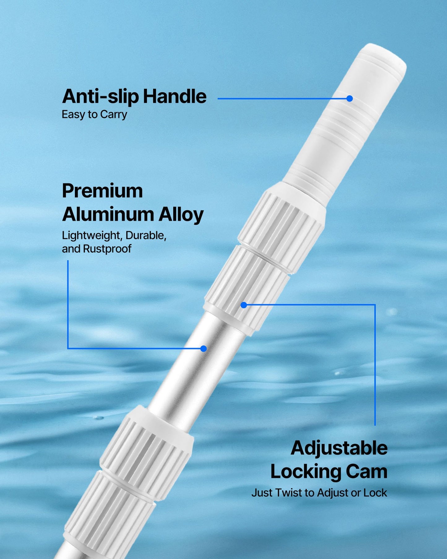 Telescopic Pool Pole 3.4 to 15 Ft Aluminum Alloy Twist Locking for Skimming & Cleaning