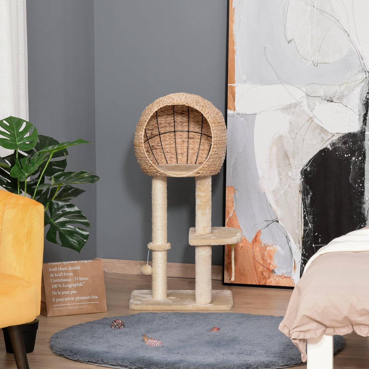 Beige Cat Tree with Sisal Scratching Post Condo and Hanging Rope - 39 Inches