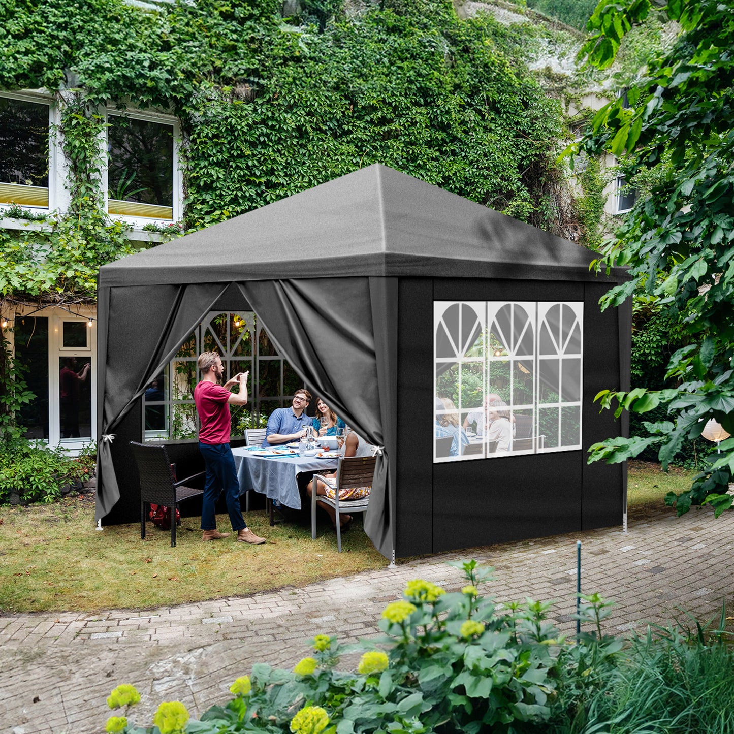 10x10ft Black Outdoor Party Tent with Sturdy Iron Frame