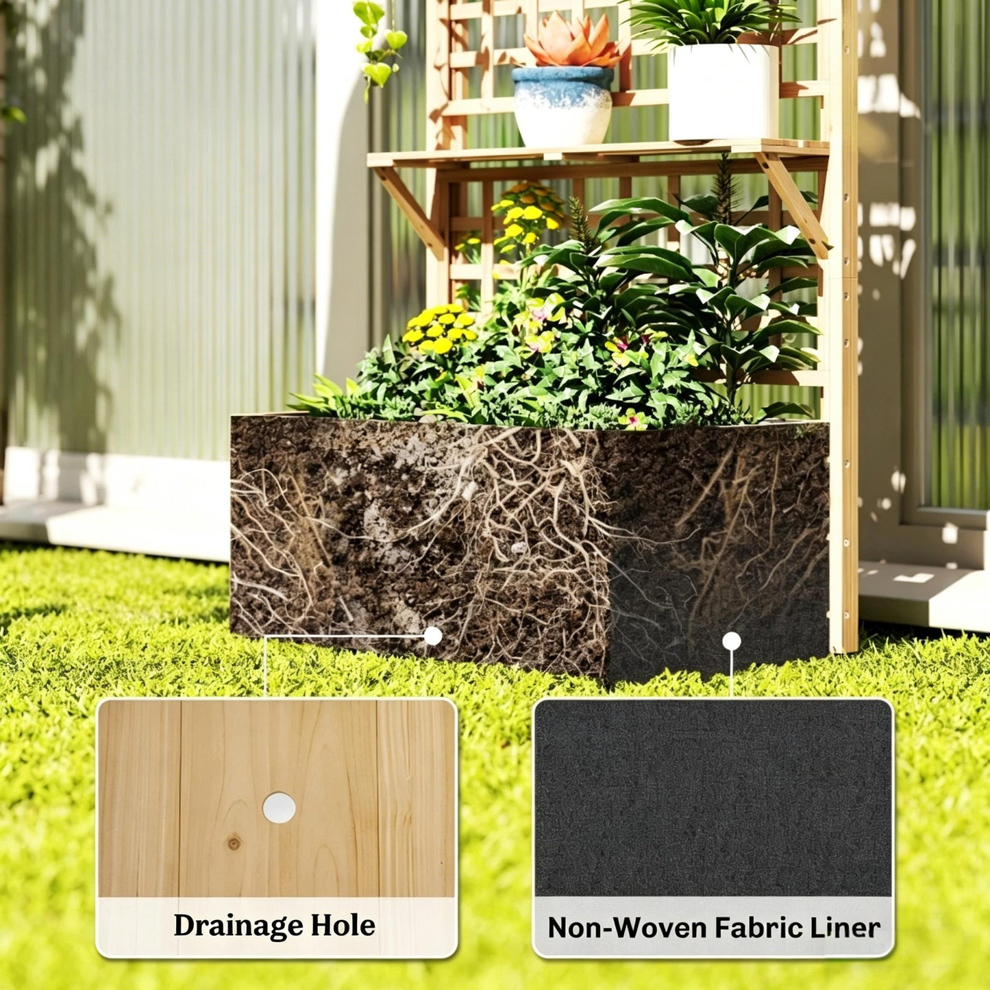 Elevated Wooden Planter Box with Trellis and Storage Shelves