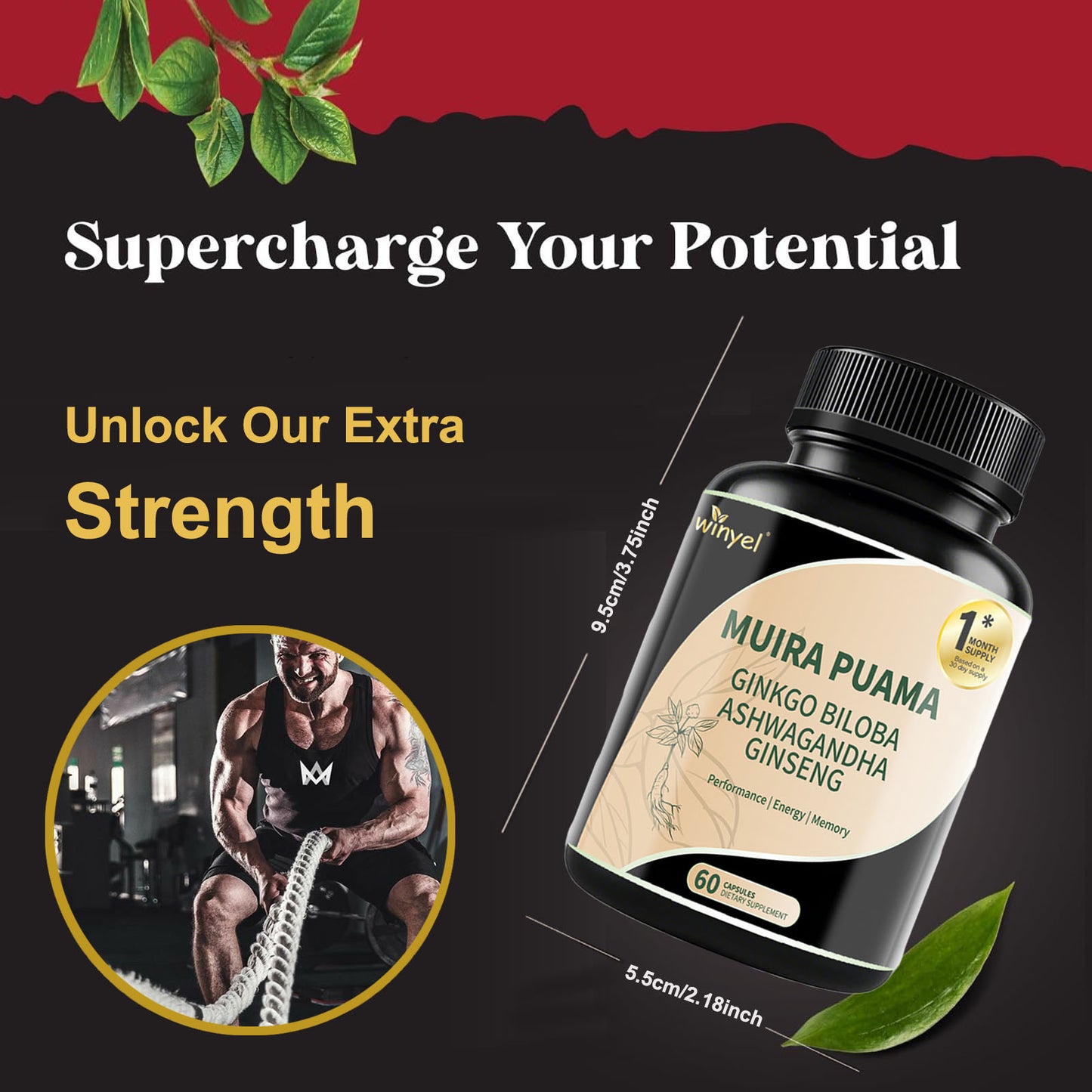 Herbal Supplement Blend - Muira Puama, Ginseng, Ashwagandha - 60 Capsules