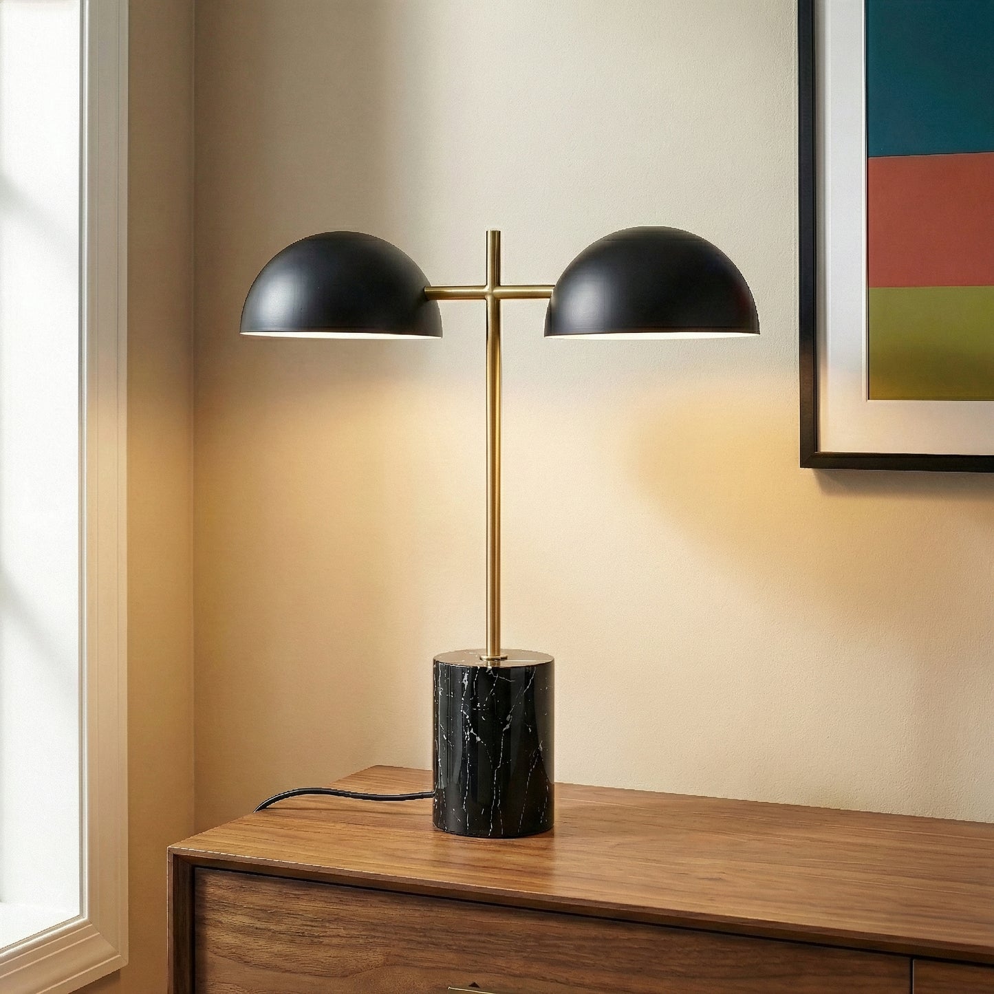 Black Table Lamp With On Off Switch, Double Lamp, Faux Marble Base