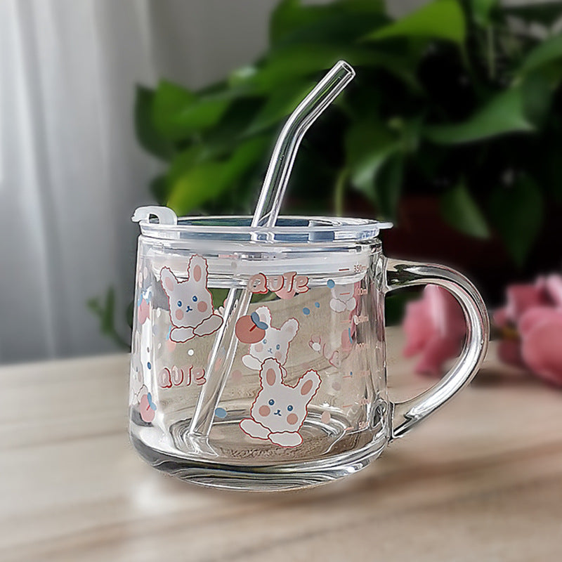 Minimalist Cartoon Glass Water Cup with Straw - Heat-Resistant, 400ML